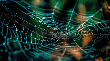 Abstract illustration of a shiny spider web on a colored background, creating a blurry pattern of lines and shapes. Generative AI