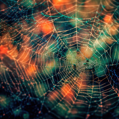 Abstract illustration of a shiny spider web on a colored background, creating a blurry pattern of lines and shapes. Generative AI