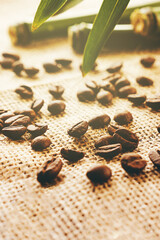 Roasted coffee beans. Bamboo and green leaves. selective focus.