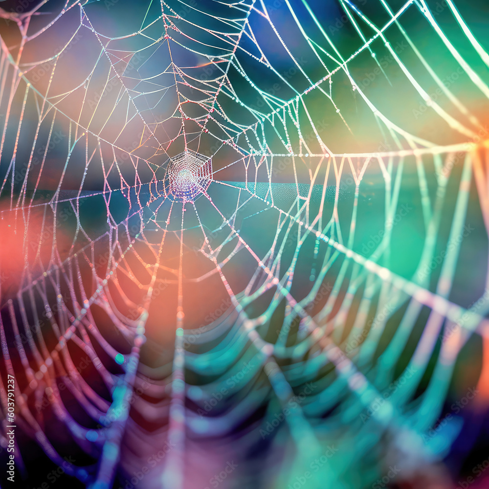 Sticker abstract illustration of a shiny spider web on a colored background, creating a blurry pattern of li