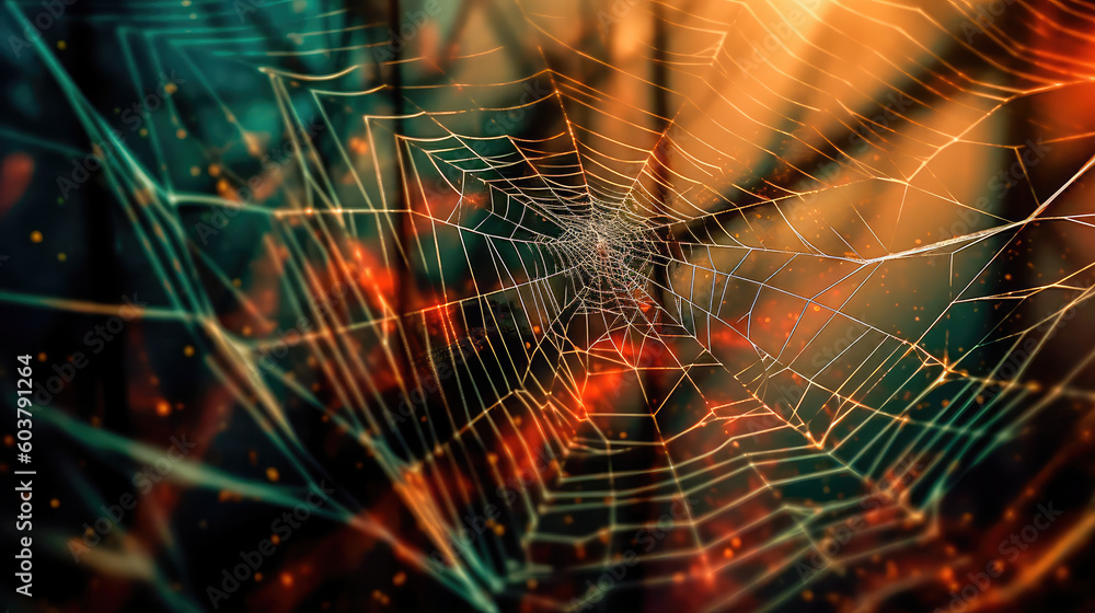 Sticker abstract illustration of a shiny spider web on a colored background, creating a blurry pattern of li