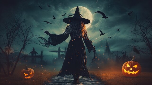 Evil witch during Spooky Halloween Night in front of full moon using generative AI
