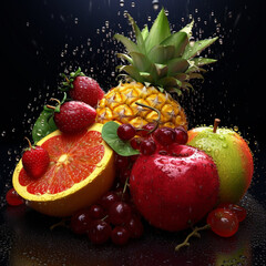 different fruit covered in drops of water.Healthy eating concept. Detox. High quality photo Generative AI