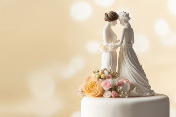 Wedding cake topper with two brides. Gay marriage concept. Generative AI illustration