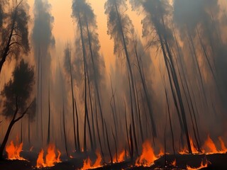 fire smoke, dramatic fire in a forest, forest fires in summer, forest fire, environmental pollution, uncontrolled deforestation, burning trees, environmental problem, sadness by generative ai