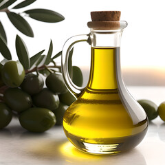 natural olive oil in a glass bottle, olives in the background, generative AI