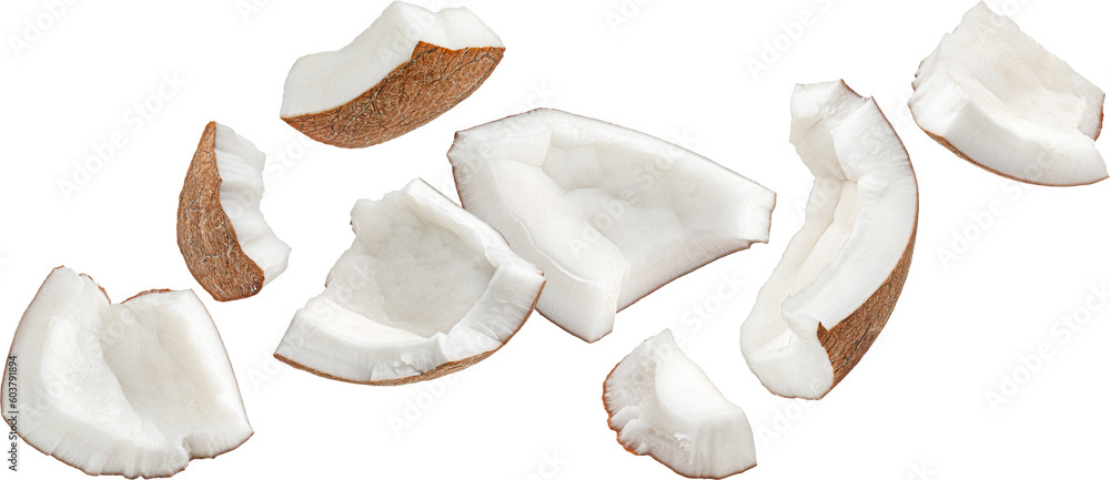 Wall mural falling coconuts pieces isolated on white background with clipping path, full depth of field