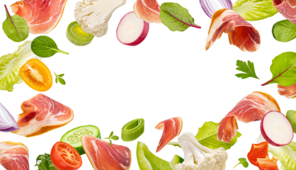 Salad with smoked bacon, falling ingredients, frame of pork brisket, lettuce, tomato slices, herbs and vegetables isolated on white background, food banner with copy space