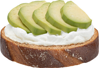Wholegrain rye bread with cream cheese and avocado slices isolated on white background, full depth...