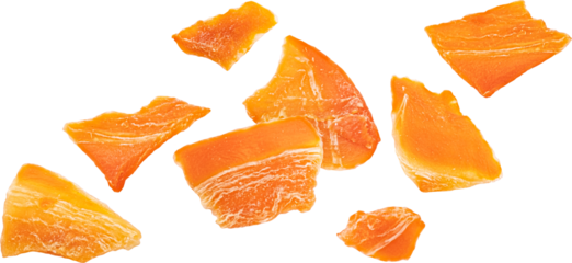 Dried chopped carrots isolated on white background, full depth of field