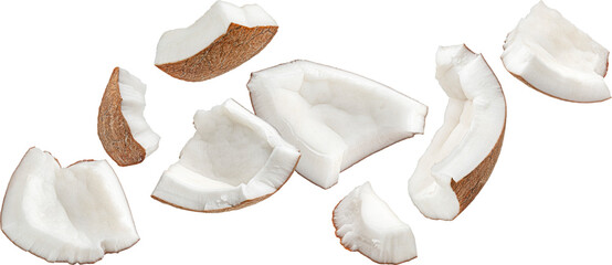Falling coconuts pieces isolated on white background with clipping path, full depth of field - obrazy, fototapety, plakaty