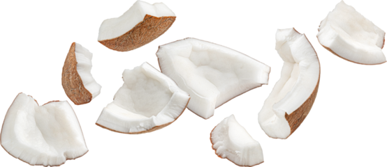 Falling coconuts pieces isolated on white background with clipping path, full depth of field