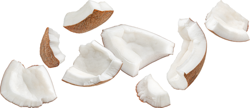 Falling coconuts pieces isolated on white background with clipping path, full depth of field