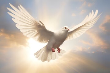 Obraz premium Sky bottom up view. Beautiful sunny sky. Flying white dove.