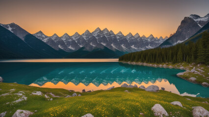 Landscape photograph featuring majestic mountains, lush green valleys, and a serene lake. Generative AI