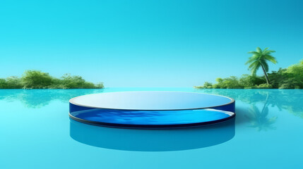 Fototapeta na wymiar Abstract 3D Display Stand: Glass Podium on Blue Water Background. 3D Display Stand on Blue Water Background with Glass Podium Cosmetic Product Presentation. Generative AI illustration