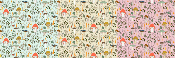 Tree variation vector seamless pattern, with mushrooms