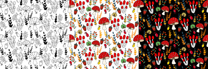 Tree variation vector seamless pattern, with mushrooms