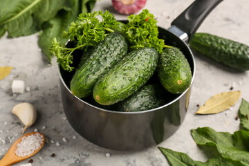 Saucepan with fresh cucumbers for preservation on grunge background