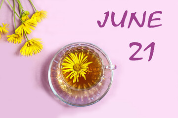 Calendar for June 21: a cup of tea with yellow daisies, a bouquet of daisies on a pastel background, the numbers 21, the name of the month of June in English