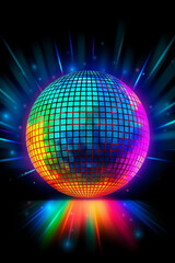 Discokugel mit Discolichtern in Neonfarben. Hochformat. Hochkant. Generative Ai.