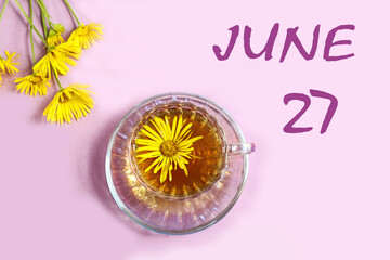 Calendar for June 27: a cup of tea with yellow daisies, a bouquet of daisies on a pastel background, the numbers 27, the name of the month of June in English