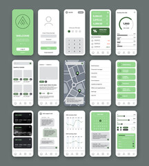 UI UX mobile app design template with green minimal style logo and light background. Include main screen, login, menu, credit cards, chat, charts, shop, calendar and map. Vector set.