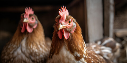 Fototapeta premium Happy chickens on an organic farm, Generative AI