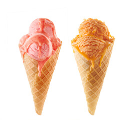 Various ice cream scoops with cone isolated on white background