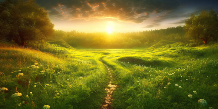 Beautiful sunset over green meadow covered with flowers with winding path