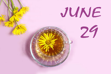 Calendar for June 29: a cup of tea with yellow daisies, a bouquet of daisies on a pastel background, the numbers 29, the name of the month of June in English