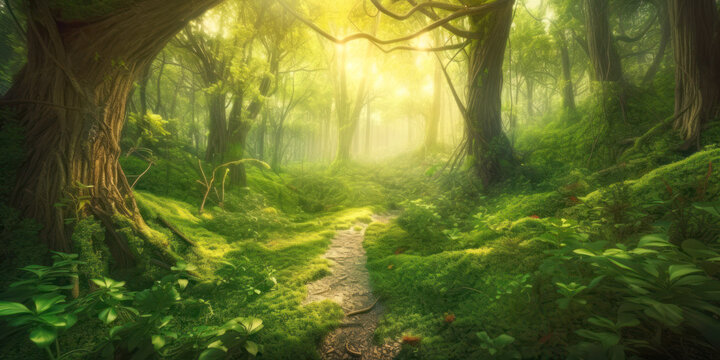 Trail amidst the bright greenery of a summer forest, with sunbeams creating a magical ambiance