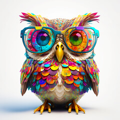 Cartoon colorful owl with sunglasses on isolated background. Created with generative ai