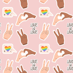 Seamless pattern with LGBTQ community symbols and phrases. Pride month. Retro groovy style