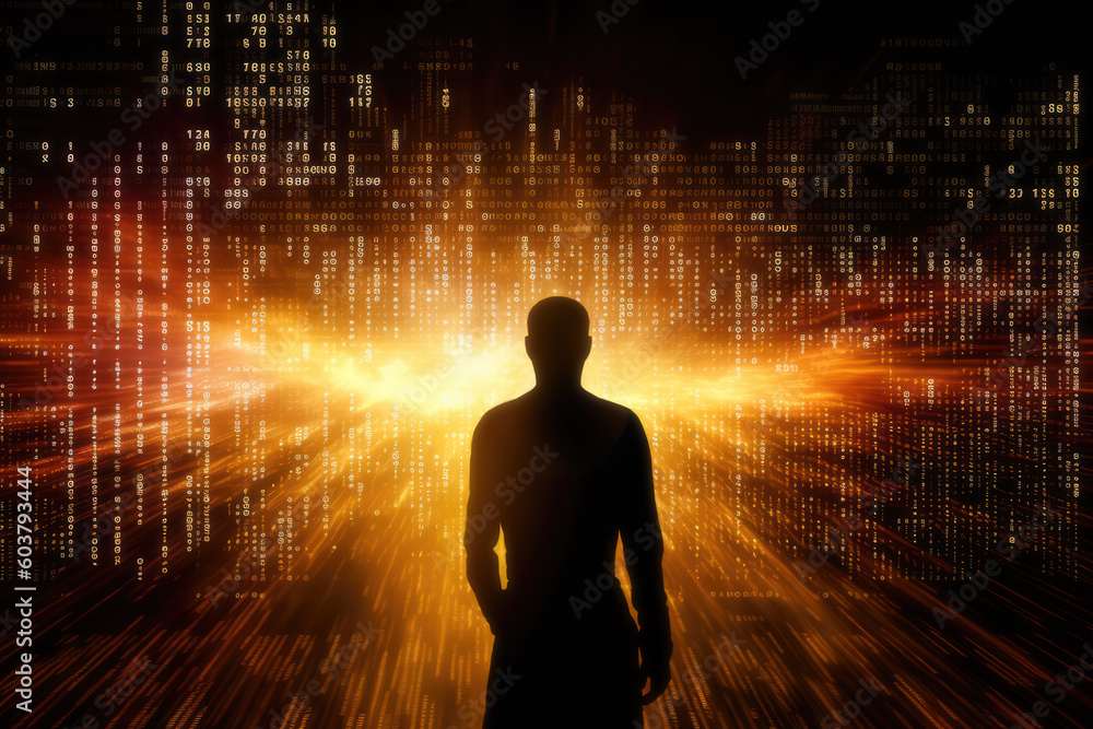 Poster a man silhouette standing in front of holographic computer code