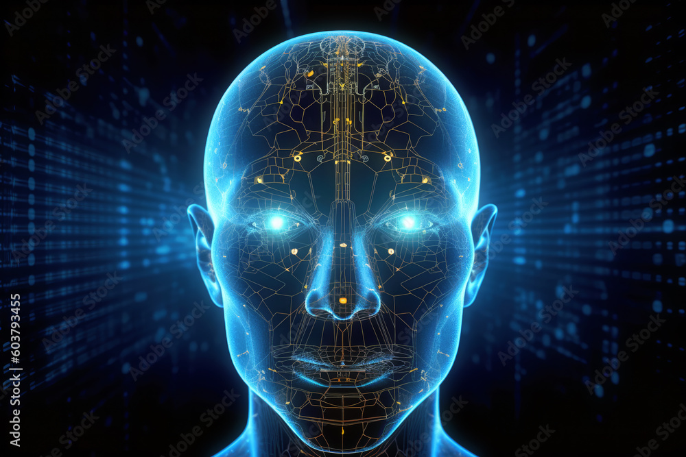 Poster transparent android head with visible circuits, front view headshot, artifitial intellligence concep