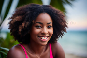 Portrait of young attractive laughing ebony woman laughing outdoors on the tropical beach. Generative AI