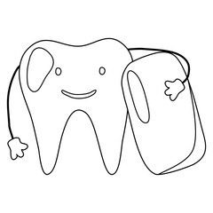 Cute tooth character with mint chewing gum pad, doodle style flat vector outline for coloring book