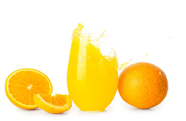 Glass of fresh orange juice with splashes on white background