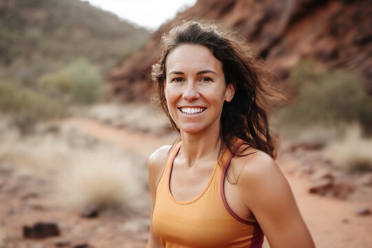 Runner posing in the outback. Generative AI.