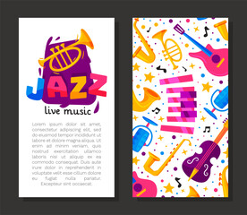 Jazz Live Music Banner Design with Bright Musical Instrument Vector Template