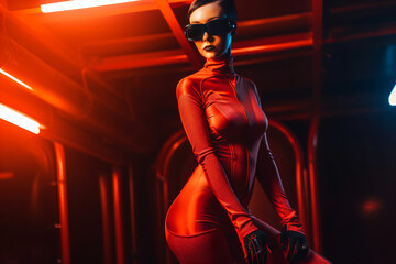 Fototapeta na wymiar a cyberpunk woman in red latex clothes, fictional person created with generative ai 