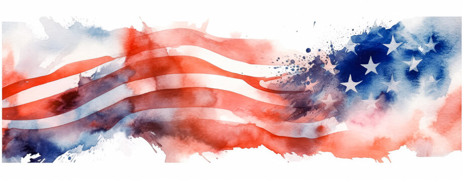 USA flag watercolors brushes and paint, red white and blue USA watercolors. Generative Ai Illustration.