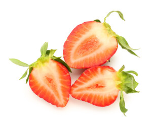 Slices of fresh strawberries on white background