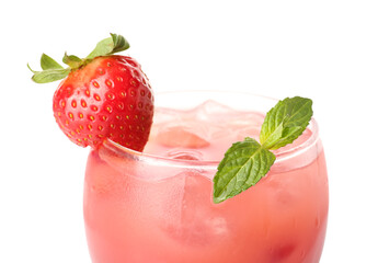 Glass of tasty strawberry smoothie with ice cubes on white background