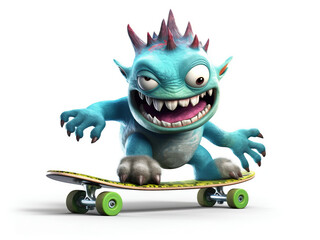 Fototapeta na wymiar Funny Little 3D Monster Riding a Skateboard - Blue Creature with Head Spikes on White Background - Generative AI