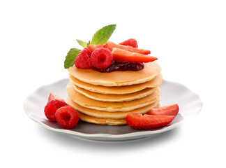 Plate with sweet pancakes and berries on white background