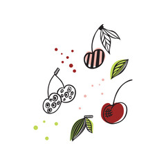 Flat vector icon of appetizing cherries. Abstract Sliced fruits, Abstract flat stickers, emblems and labels for orange fresh juice. Graphic design editable for your design. Isolated. EPS 10.