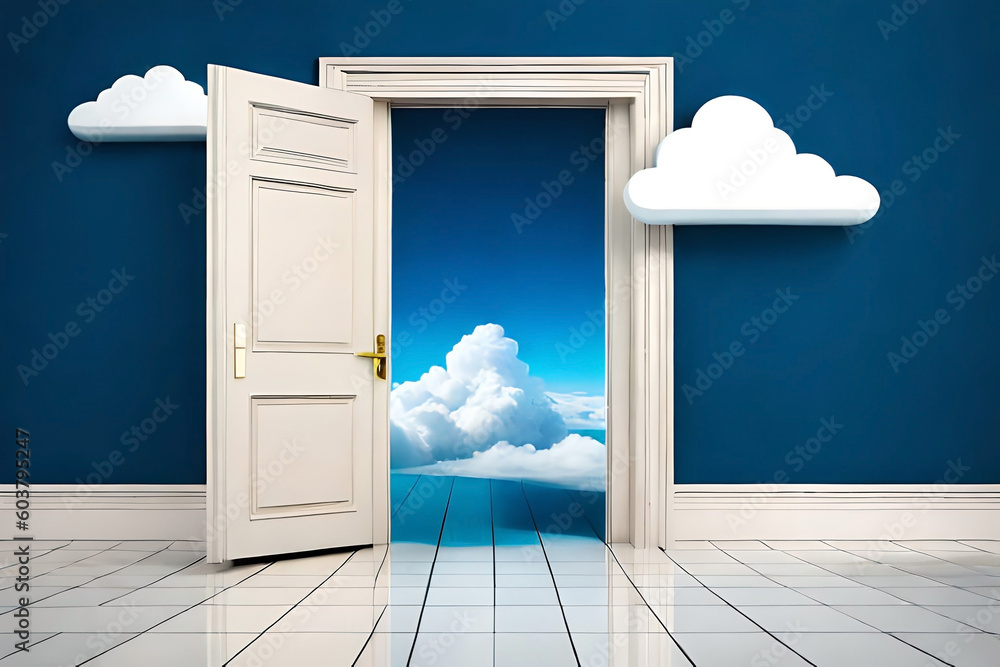 Poster white clouds and cumulus flying out the blue open door inside the empty room. objects isolated on pe