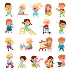 Cute Little Boys and Girls Playing Toys and Having Fun Big Vector Set